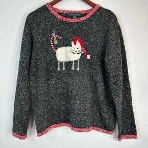 Vintage Northern Isles Santa Kitty Embroidered Sweater Marled Knit Womens Large